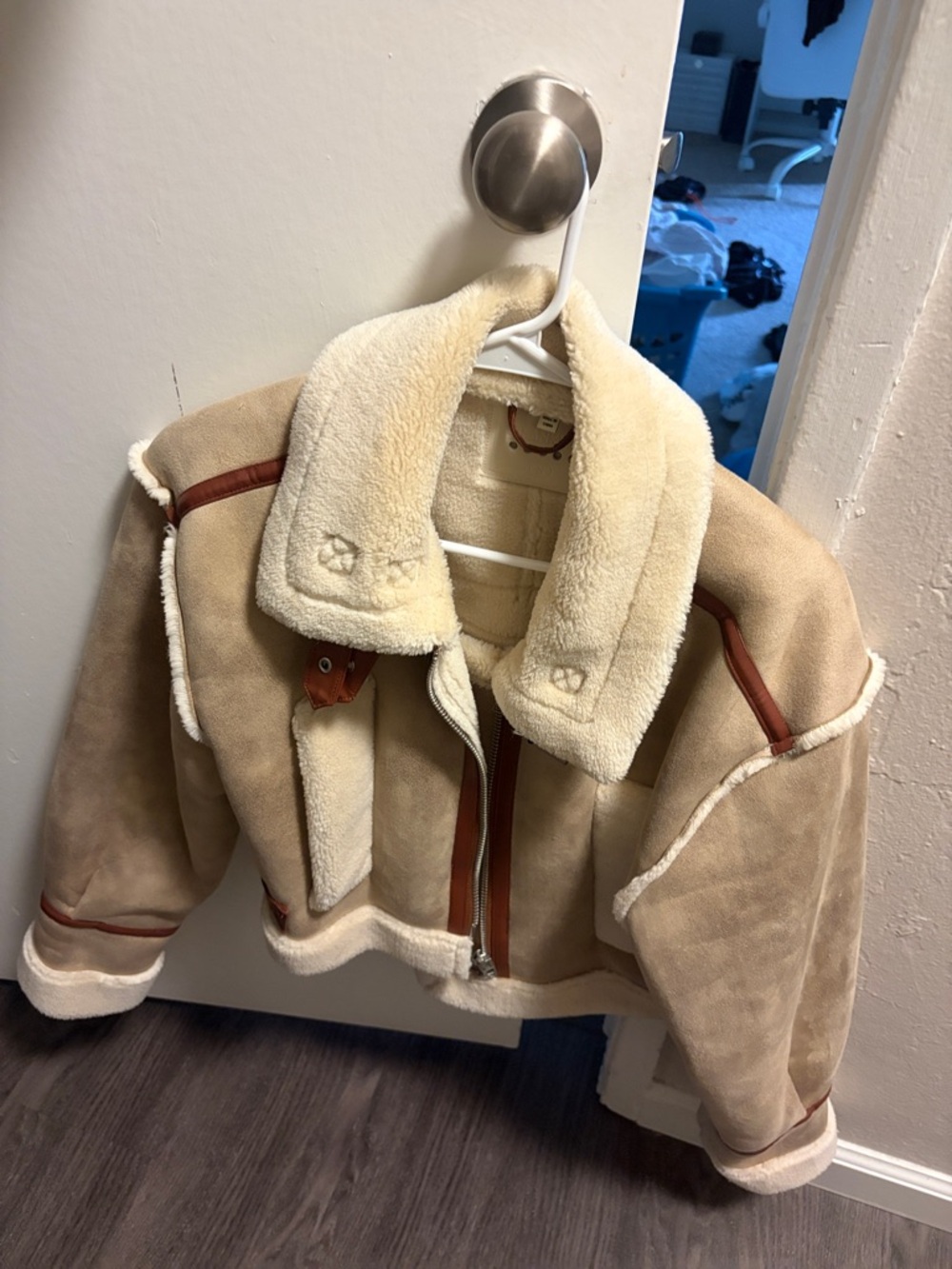 Blank NYC Tan Suede Shearling Bomber Jacket with Cream Collar